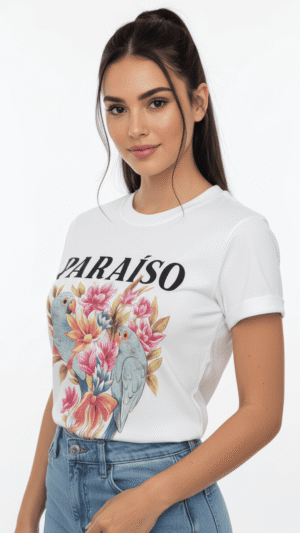 T-shirt Tee Paraíso Brasil – 100% Algodão Estampa Araras & Rosas